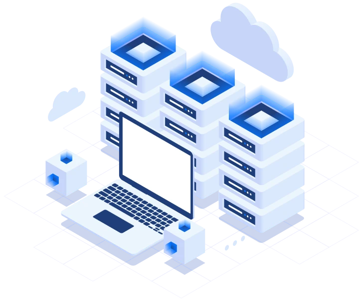 Home 1 graphic representation of web hosting solutions, depicting a desktop computer and web servers